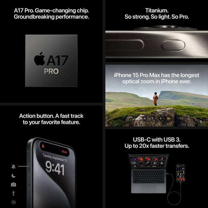APPLE iPhone 15 Pro (128 GB, Titanio nero, 6.1", 48 MP, 5G)