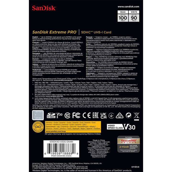 SANDISK SDHC Extreme PRO 32 GB (Class 10, Video Class 30, 100 MB/s)