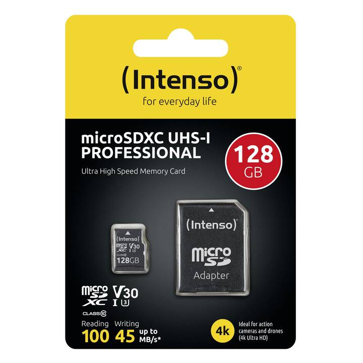 INTENSO MicroSDXC Pro (Video Class 30, Class 10, 128 Go, 100 Mo/s)