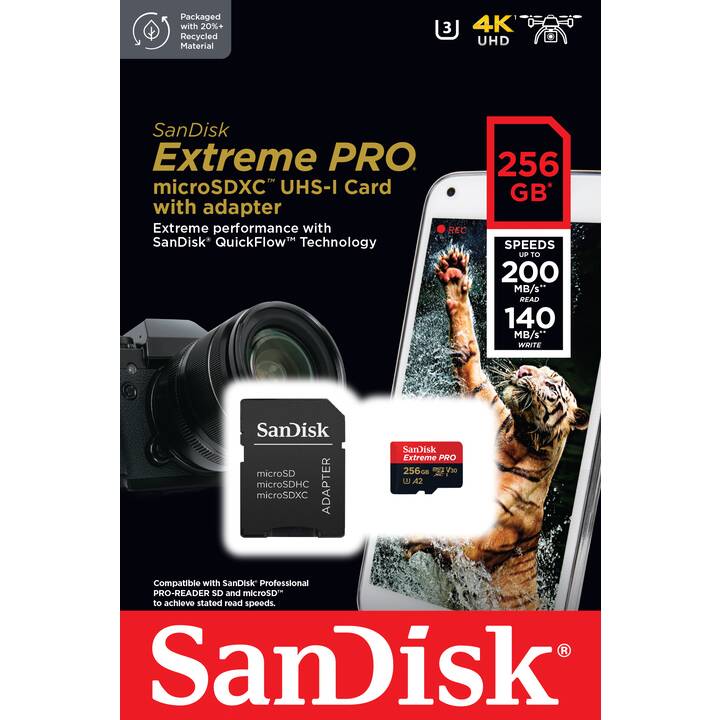 SANDISK MicroSDXC Extreme PRO 256 Go (Class 10, A2, Video Class 30, 200 Mo/s)