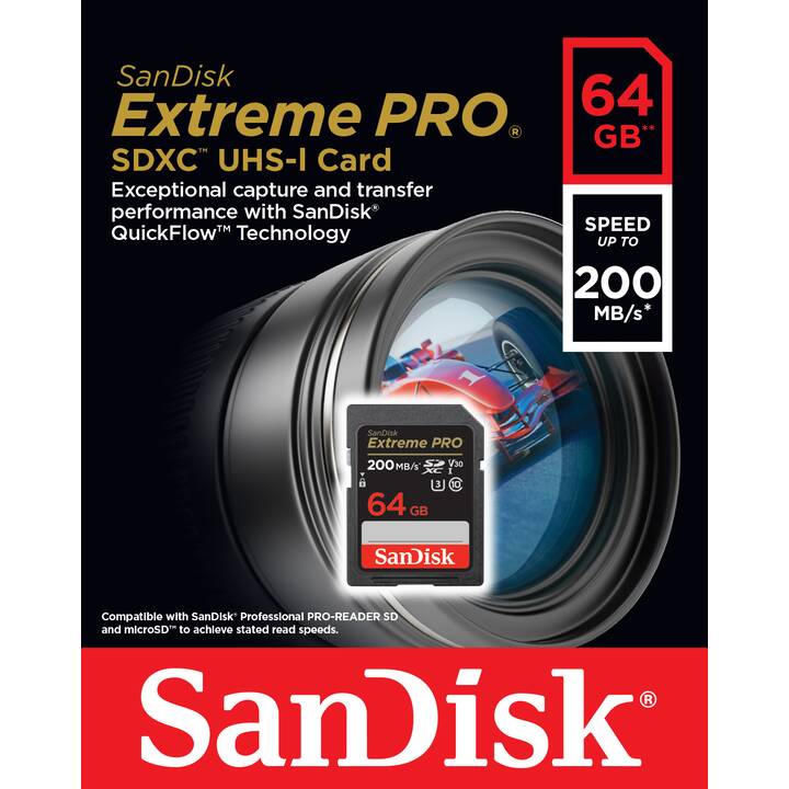 SANDISK SDXC Extreme PRO 64 Go (Class 10, Video Class 30, 200 Mo/s)