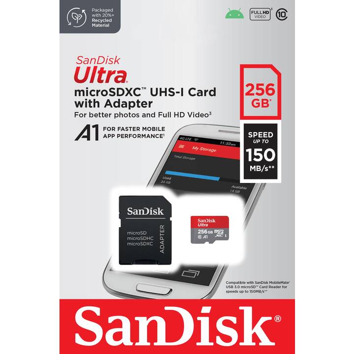 SANDISK MicroSDXC Ultra (Class 10, 256 GB, 150 MB/s)