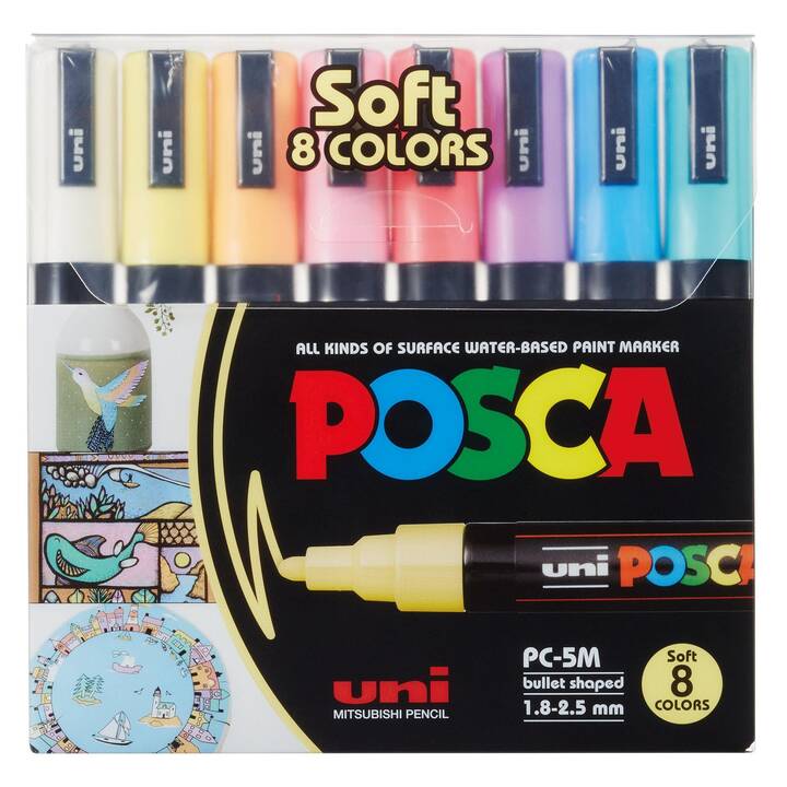 Permanent Marker Posca Softcolors (Weiss, Gelb, Orange, Rosa, Rot, Violett, Blau, Türkis, 8 Stück)