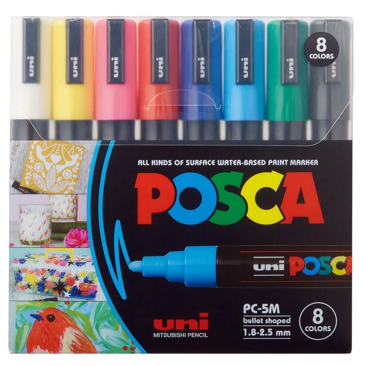 Permanent Marker Posca Softcolors (Weiss, Gelb, Rosa, Rot, Blau, Hellblau, Grün, Schwarz, 8 Stück)