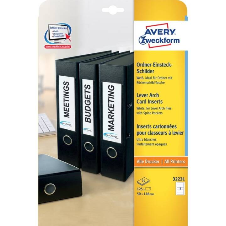 Rückenschild Ordner, 50 x 146 mm, Weiss, 125 Stück, 25 Blatt