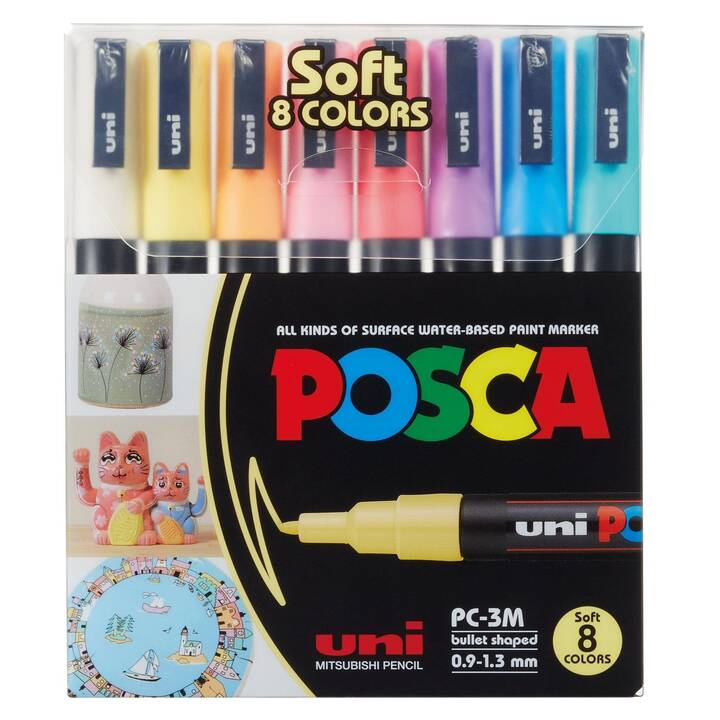 Permanent Marker Posca Softcolors (Gelb, Orange, Rosa, Rot, Violett, Blau, Türkis, Weiss, 8 Stück)