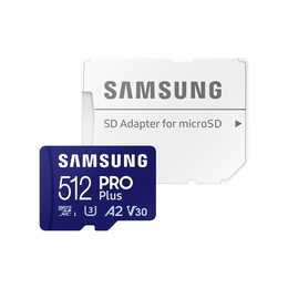 SAMSUNG MicroSDXC PRO Plus MB-MD512SA (Video Class 30, Class 10, A2, UHS-I Class 3, 512 GB, 180 MB/s)