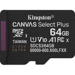 KINGSTON TECHNOLOGY MicroSDXC Canvas Select Plus (Video Class 10, Class 10, A1, 64 GB, 100 MB/s)