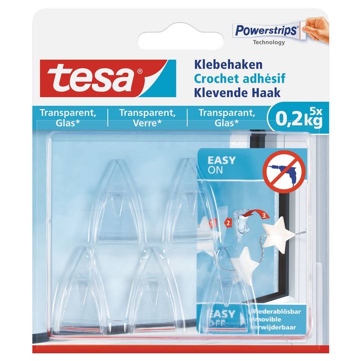 Crochet adhésif TESA 0,2 kg pour surfaces transparentes