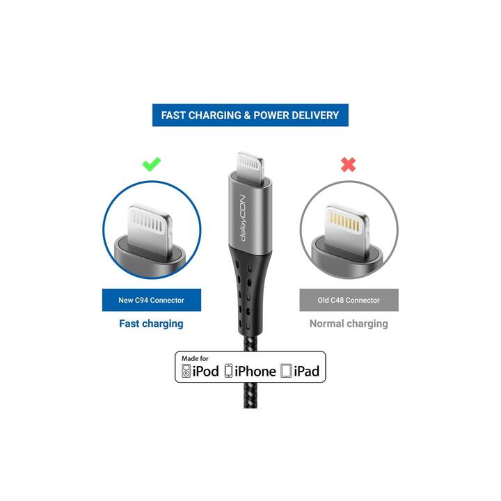 DELEYCON Kabel (USB 2.0 Typ-C, Lightning, 2 m)
