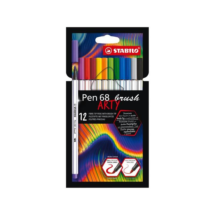 STABILO 68 Brush Arty Crayon feutre (Rouge carmin, Vert clair, Pourpre, Jaune, Mauve, Orange, Noir, 12 pièce)