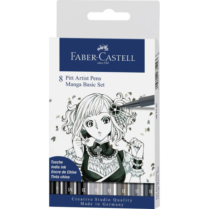 FABER-CASTELL Pitt Artist Manga Basic Tuschestift (Grau, Schwarz, 8 Stück)