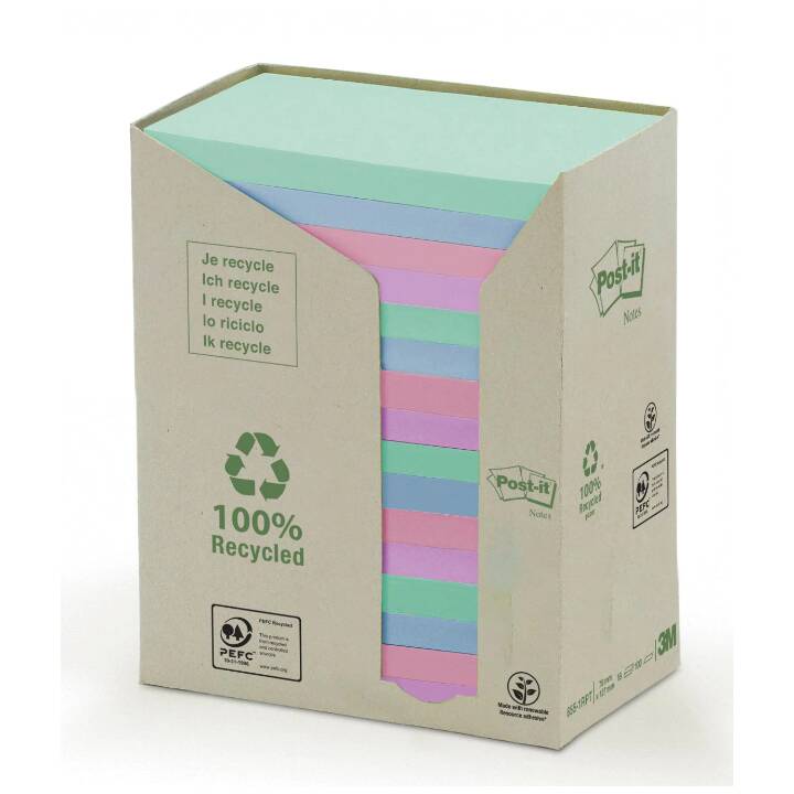 POST-IT Haftnotizen Recycling (16 x 100 Blatt, Violett, Rosé, Blau, Türkis)