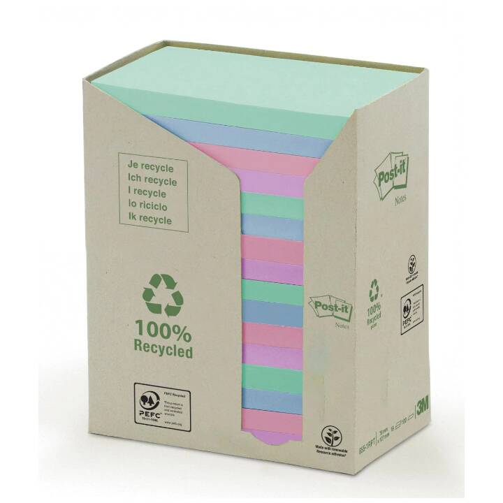 POST-IT Notes autocollantes Recycling (16 x 100 feuille, Mauve, Rose, Bleu, Turquoise)