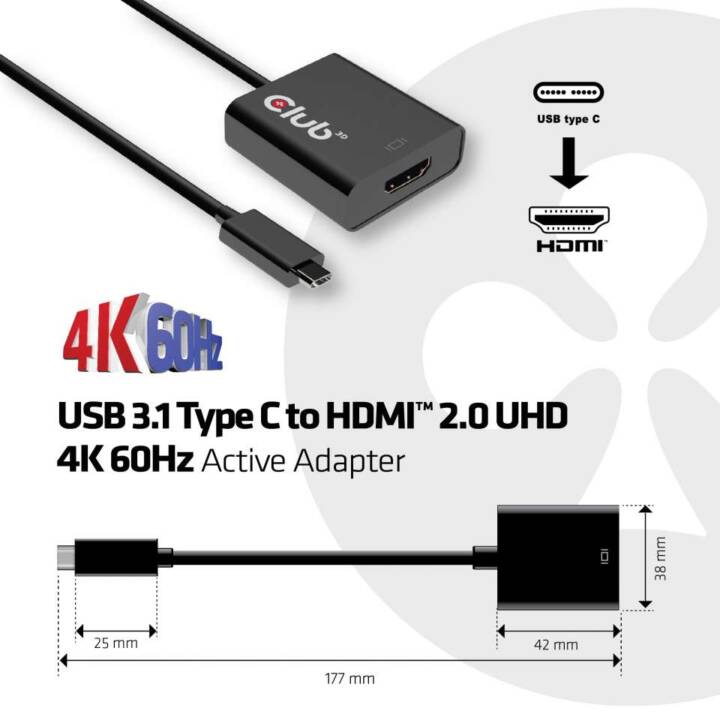 CLUB 3D UHD 4K60Hz Adattatore (HDMI, USB 3.1 Tipo-C, 0.15 m)