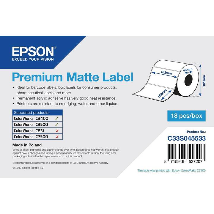 EPSON Premium Matte Label Etikettenrolle (1 Stück, 102 mm x 34.2 m)