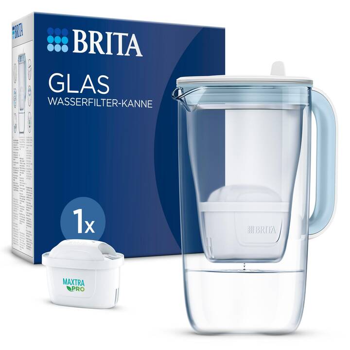 BRITA Tischwasserfilter Glas + MAXTRA PRO All-in-1 Filter (1.5 l, Hellblau, Blau)