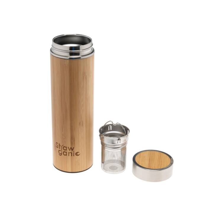 STRAWGANIC Thermo Trinkflasche (0.45 l, Braun, Edelstahl, Bambus)