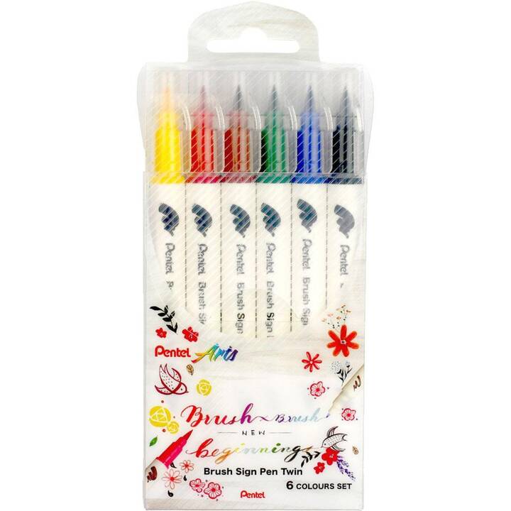 PENTEL Brush Sign Pen Twin Crayon feutre (Multicolore, 6 pièce)