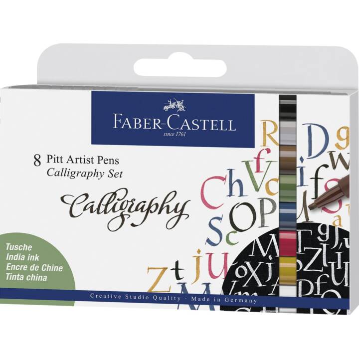 FABER-CASTELL Pitt Artist Crayon encre (Argent, Brun, Pink, Jaune, Bleu, Vert, Blanc, Noir, 8 pièce)