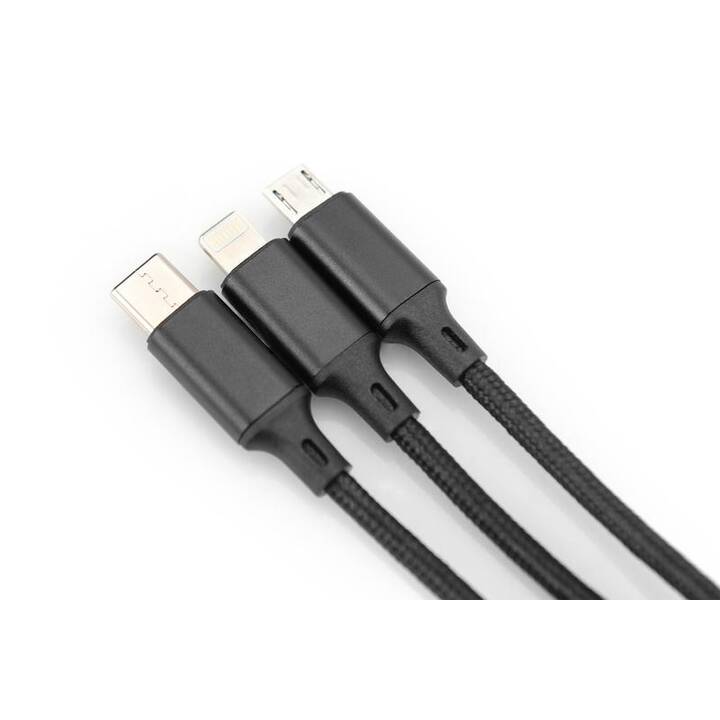 ASSMANN ELECTRONIC Câble de connexion AK-300160-010-S (Noir, 1 m, USB A, MicroUSB, USB de type C, Lightning)