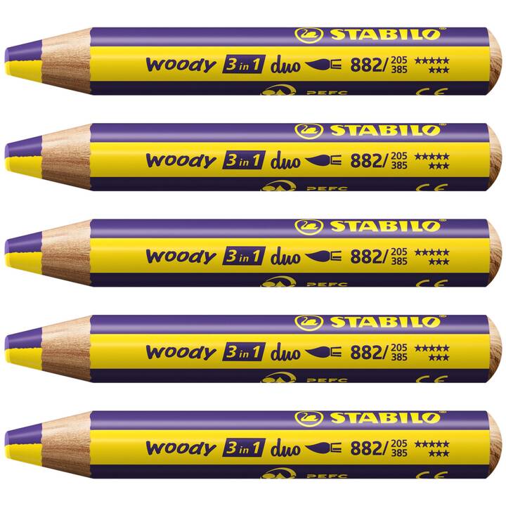 STABILO Farbstift Woody 3 in 1 (Violett, Gelb, 5 Stück)
