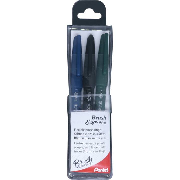 PENTEL Brush Sign Pen Crayon feutre (Bleu, Vert, Noir, 3 pièce)