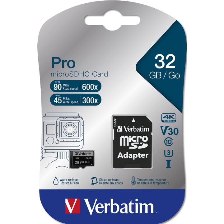 VERBATIM MicroSDHC Pro (Class 10, UHS-I Class 3, 32 GB, 90 MB/s)