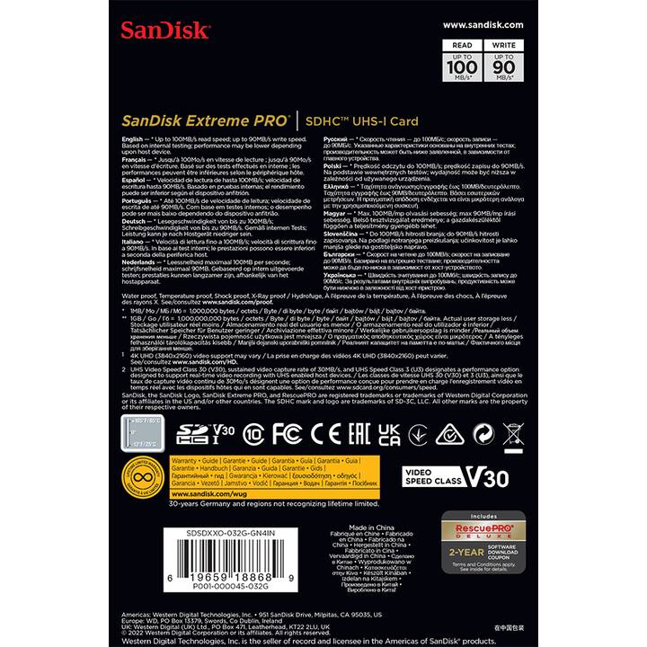 SANDISK SDHC Extreme PRO 32 Go (Class 10, Video Class 30, 100 Mo/s)