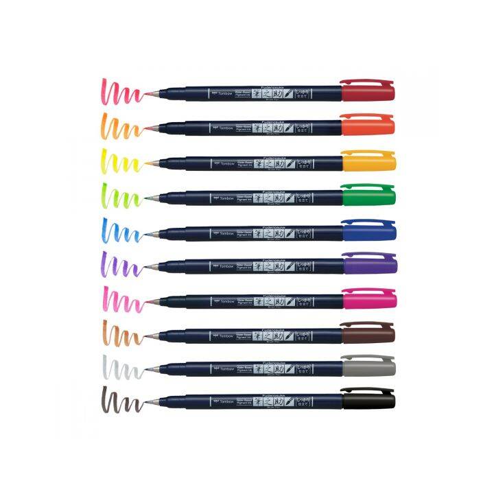 TOMBOW Calligraphy Fineliner (Pink, Gelb, Grau, Blau, Orange, Grün, Schwarz, 10 Stück)