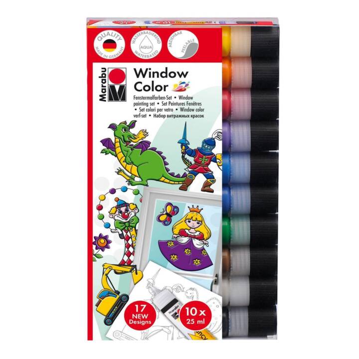 MARABU Fensterfarbe Set (10 x 25 ml, Violett, Hellgrün, Gelb, Braun, Orange, Hellblau, Schwarz, Grün, Blau, Weiss, Mehrfarbig)