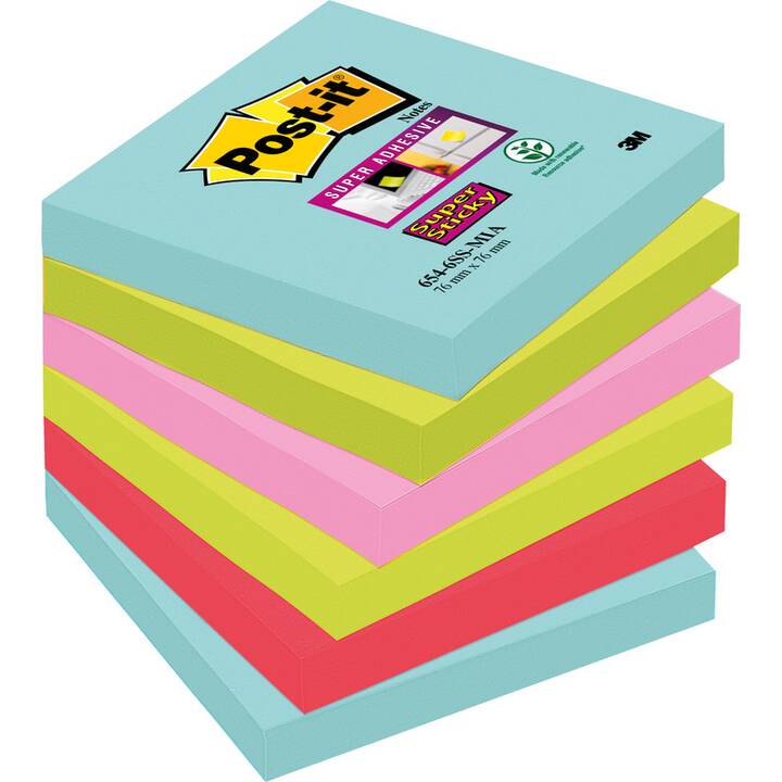 POST-IT Haftnotizen Super Sticky (6 x 90 Blatt, Neongrün, Rot, Pink, Türkis)