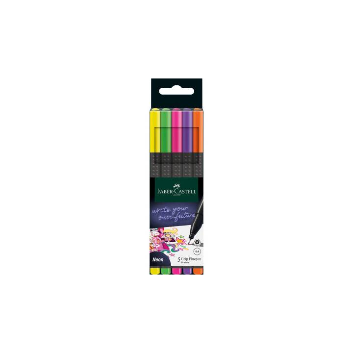 FABER-CASTELL Grip Penna a fibra (Giallo neon, Porpora, Pink, Neon arancione, Verde fluo, 5 pezzo)