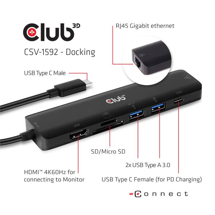 CLUB 3D Stations d'accueil CSV-1592 (HDMI, 2 x USB 3.0 de type A, USB 3.0 de type C, RJ-45 (LAN))