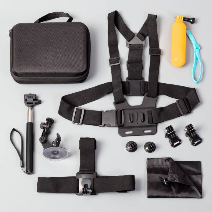 INTERTRONIC Action Cam Kit 10 in 1 Divers accessoires (Noir, Orange, Bleu)