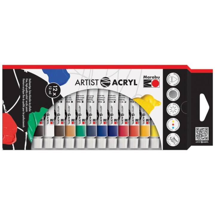 MARABU Acrylfarbe Artist Acryl Set (12 x 12 ml, Violett, Braun, Kupfer, Dunkelblau, Blau, Weiss, Gelb, Hellgrün, Orange, Schwarz, Gold, Grün, Rot)