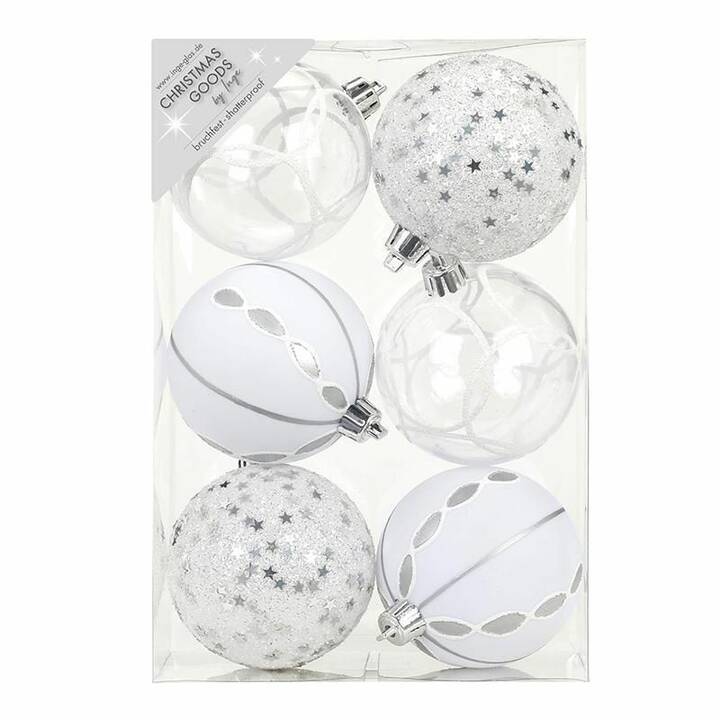 INGE GLAS MANUFAKTUR Weihnachtskugeln Set (6 Stück, Silber, Transparent, Weiss)