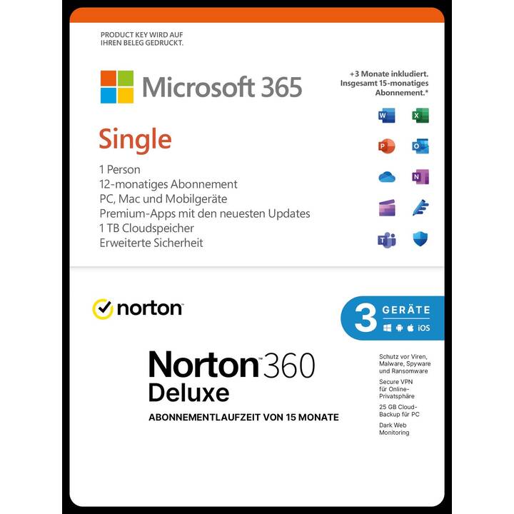 MICROSOFT Microsoft & Norton Bundle 365 Single (Abbonamento, 3x, 15 Mesi, Tedesco)
