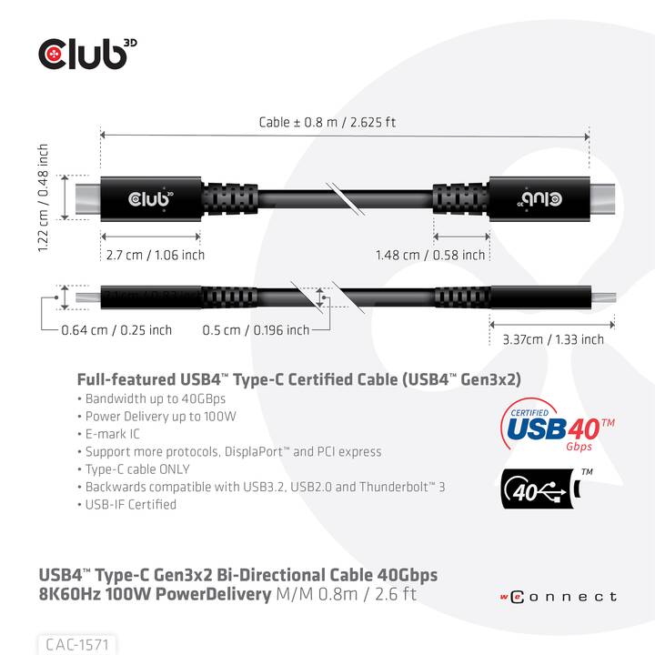 CLUB 3D Câble (USB Typ-C, USB Type-C, 80 cm)