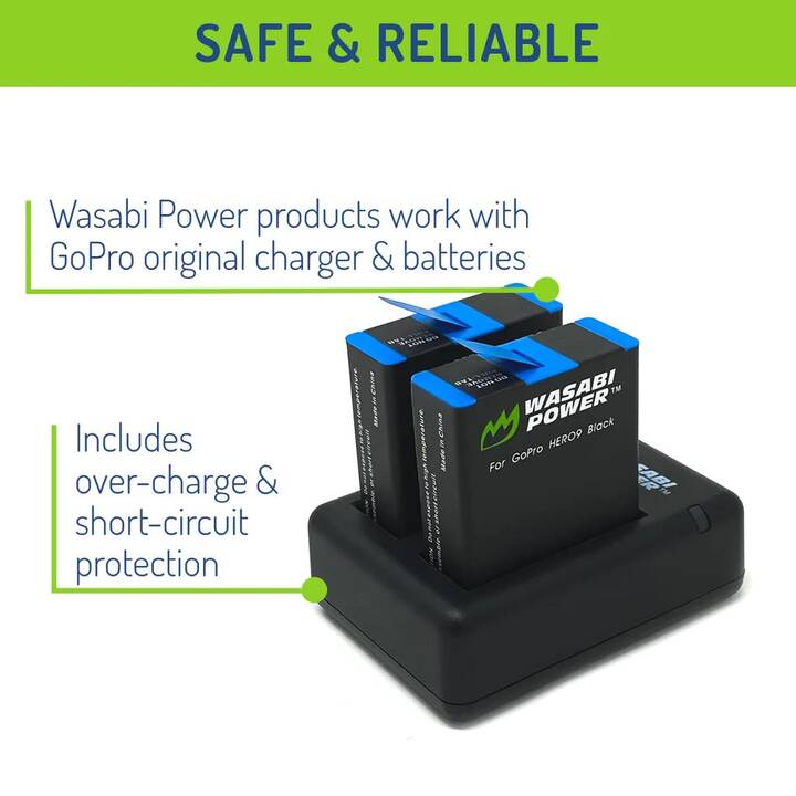 WASABI POWER GoPro Battery (2-Pack) + Dual Charger Akku und Ladegerät (Lithium-Ionen, 1730 mAh)