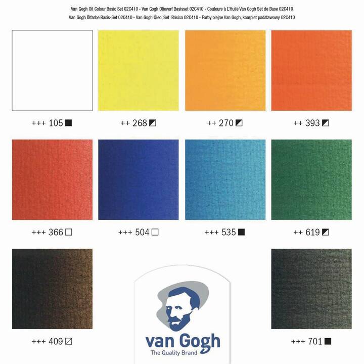 VAN GOGH Ölfarbe Set (10 x 200 ml, Gelb, Braun, Orange, Dunkelblau, Schwarz, Grün, Rot, Blau, Pink, Weiss, Rosa)