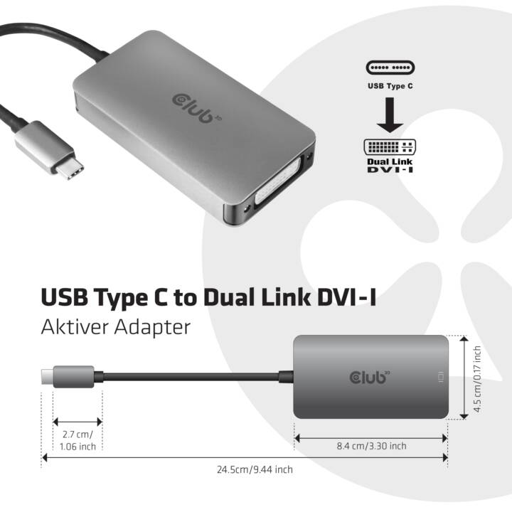 CLUB 3D DVI- Adaptateur (USB C, DVI-D dual link, 24.5 cm)