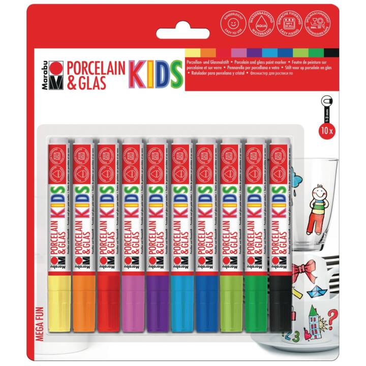 MARABU Acrylmarker Porcelain & Glas KIDS Mega Fun (Orange, Blau, Schwarz, Rot, Grün, Violett, Gelb, Türkis, 10 Stück)