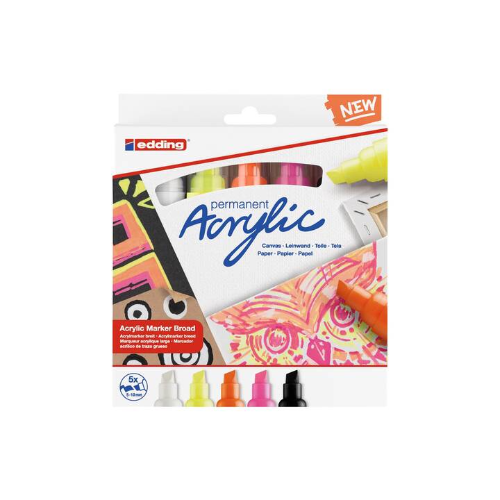 EDDING Marqueur acrylique 5000 (Orange, Noir, Pink, Blanc, Jaune, 5 pièce)
