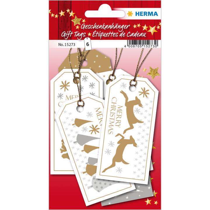 HERMA Etichetta regalo (6 Stk, Oro, Bianco, Renna, Albero di Natale)