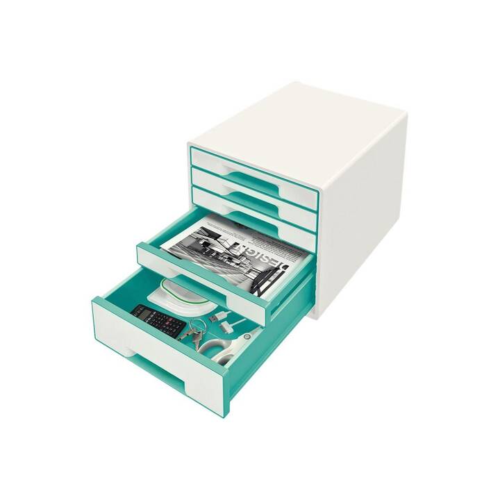 LEITZ Cassettiera da scrivania WOW Cube (A4+, 28.7 cm  x 27 cm  x 36.3 cm, Blu, Bianco)