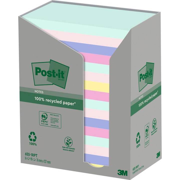 POST-IT Notes autocollantes Recycling (16 x 100 feuille, Mauve, Rose, Bleu, Turquoise)