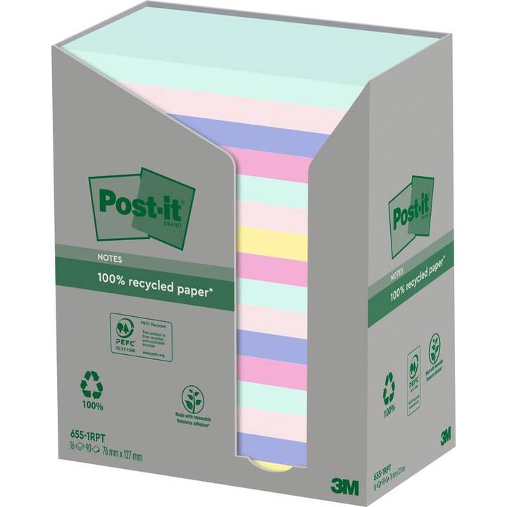 POST-IT Blocchetti memo Recycling (16 x 100 foglio, Viola, Rosa, Blu, Turchese)