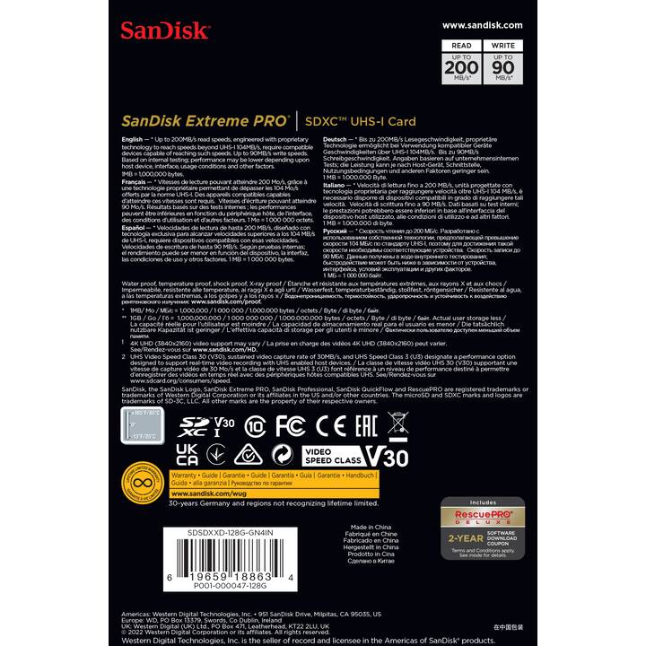 SANDISK SDXC Extreme Pro 128 Go (Class 10, Video Class 30, 200 Mo/s)