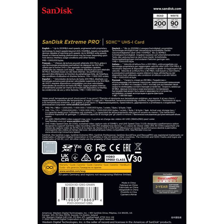 SASANDISK SDXC Extreme Pro 128 GB (Class 10, Video Class 30, 200 MB/s)